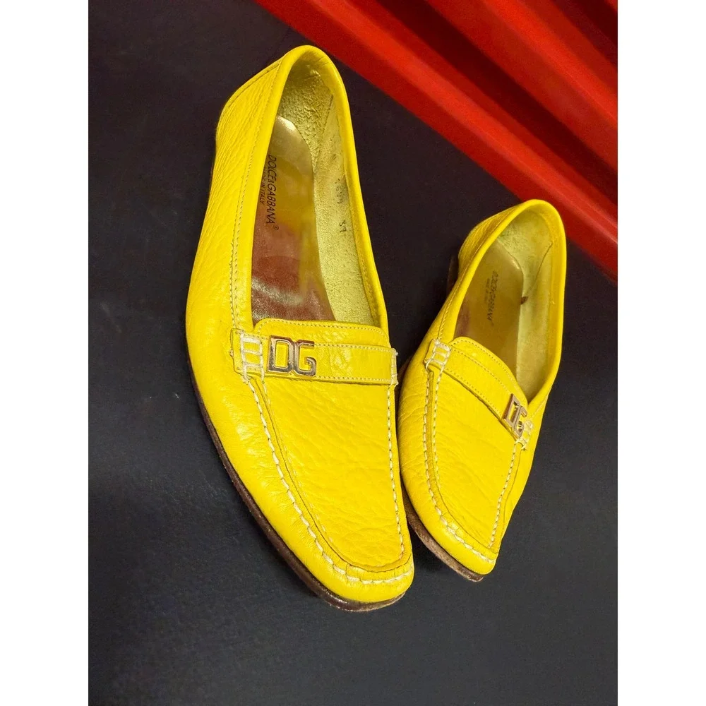 Dolce & Gabbana Womens Yellow Leather DG Logo Square Toe Loafers Flats Size 37